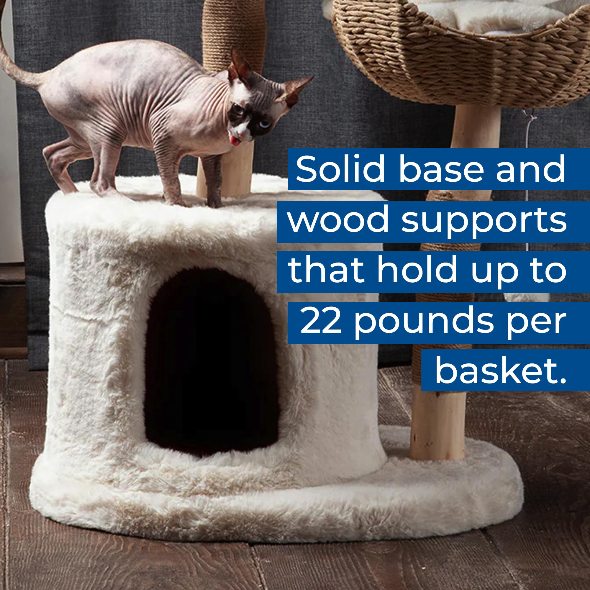 Habitat Haven The Bungalow Cat Tree - Luxury Cat Condo, Large Modern Indoor Tower With 2 Faux Fur Beds, Scratching Posts, Toys,